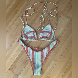 Luli Fama Orange, White & Mint Stripe Triangle Bikini